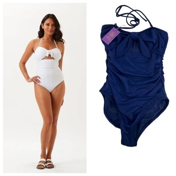 NEW AMITA NAITHANI CLARA ONE Piece swimsuit navy blue front bow halter sz small - Picture 1 of 7